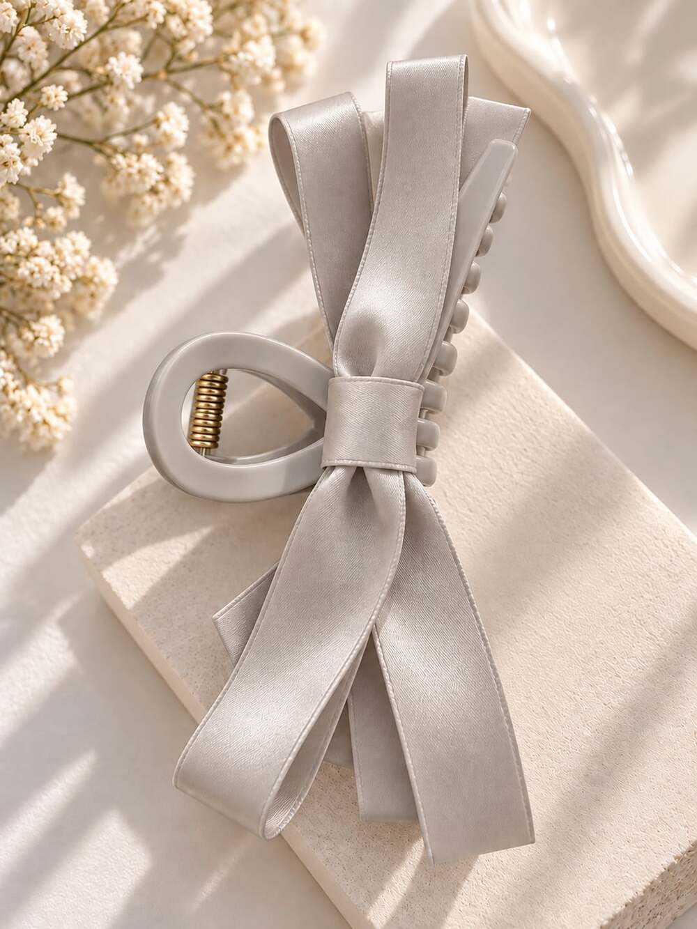Grey Satin Bow Claw Clip Long Ribbon Tail Balletcore Romantic Hair Accessory